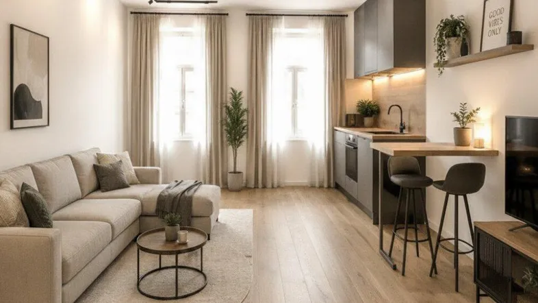 Modernes Wohnzimmer mit integrierter Küche, hellem Parkettboden und beiger Couch.