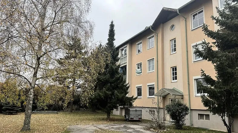 Älteres Mehrfamilienhaus mit beiger Fassade, umgeben von Bäumen und einer Grünfläche.