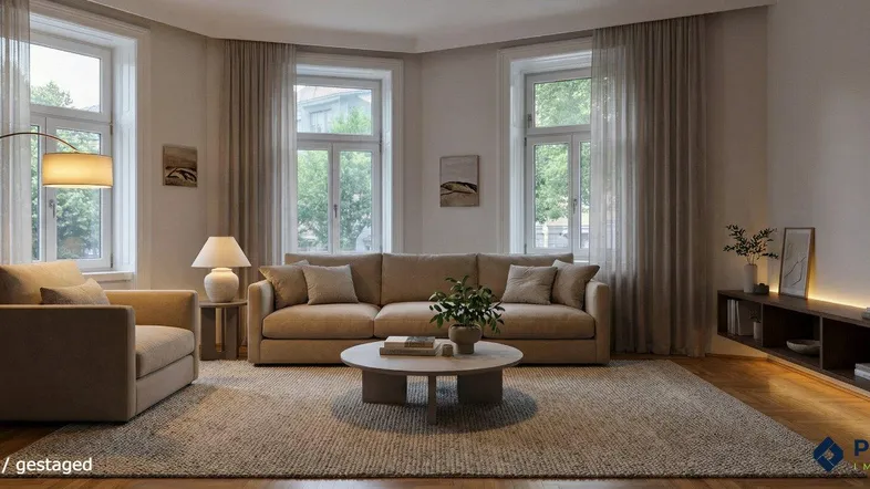 Helles, gestagtes Wohnzimmer mit großen Fenstern, Parkettboden und moderner Einrichtung.