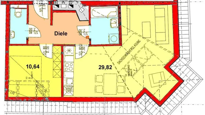 Grundriss einer Dachgeschosswohnung mit offenem Wohnbereich, Küche und Bad.
