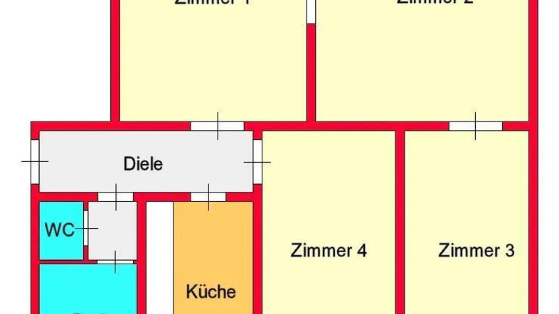Grundriss zeigt eine Wohnung mit vier Zimmern, Küche, Bad, WC und Balkon.