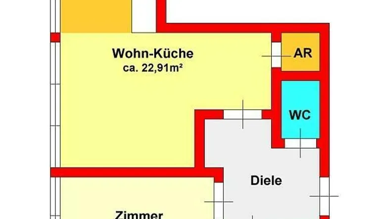 Grundriss einer Wohnung mit offener Wohnküche, Zimmer, Diele, Bad und separatem WC.