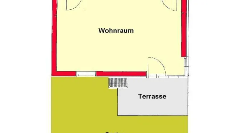 Grundrissplan einer Wohnung mit Wohnraum, Küche, Bad, WC, Terrasse und Gartenanteil.