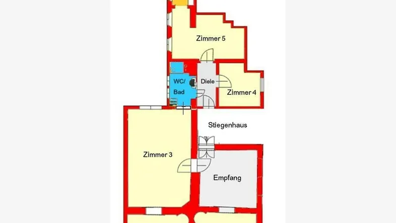 Grundrissplan einer Etage mit mehreren Zimmern, Küche, Bad und Diele, der die Raumaufteilung zeigt.