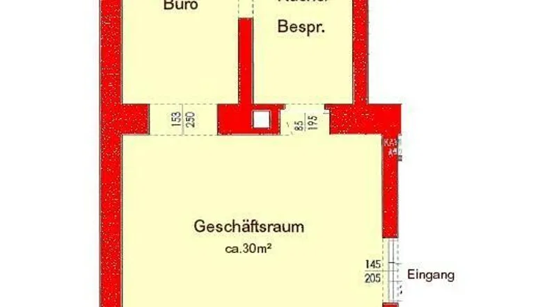 Detaillierter Grundrissplan einer Gewerbeeinheit mit separatem Büro, Küche und großzügigem Geschäftsraum, inklusive Eingangsbereich.