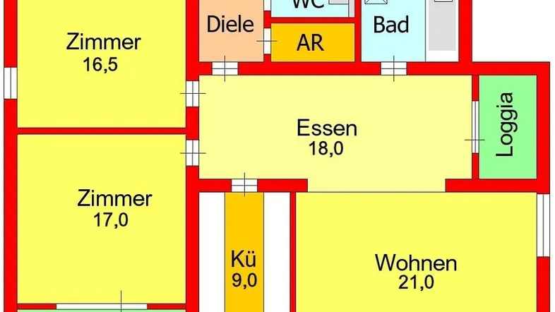 Übersichtlicher Grundriss der Wohnung mit zwei Loggien und separater Küche.