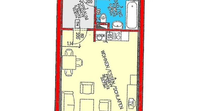 Detaillierter Grundriss einer Wohnung mit Wohn-/Ess-/Schlafbereich, Bad und Vorraum.