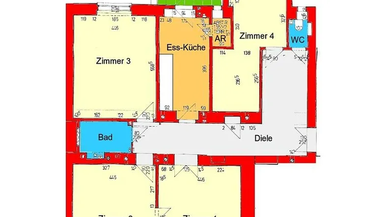 Grundriss der Wohnung mit vier Zimmern, Ess-Küche, Bad, WC und Terrasse.