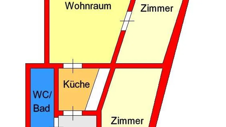 Übersichtlicher Grundriss einer Wohnung mit separater Küche, Wohnraum, zwei Zimmern und einem kombinierten Bad.
