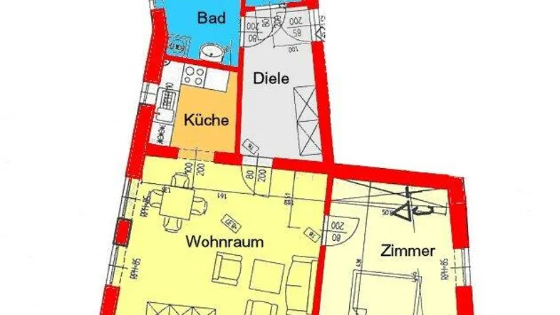 Grundrissplan einer Wohnung mit separatem Bad, WC, Küche, Wohnraum und Zimmer.