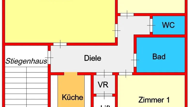 Grundriss mit Wohnraum, zwei Zimmern, separatem Bad und WC, Küche und Balkon, inklusive Liftzugang.