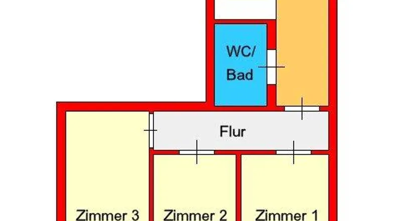 Grundriss der Wohnung mit Ess-Küche, Bad/WC, Flur und drei separaten Zimmern.