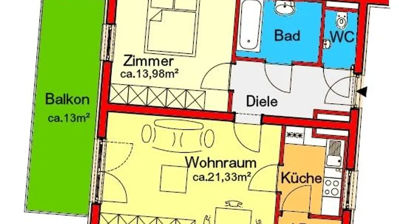 Grundriss einer Wohnung mit Zimmer, Wohnraum, Küche, Bad, WC und Balkon.