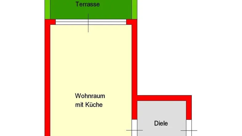 Grundriss zeigt Wohnraum mit integrierter Küche, Terrasse und Kleingarten.