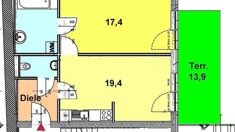 Grundrissplan einer Wohnung mit zwei Zimmern, zwei Bädern und einer großzügigen Terrasse von 13,9 m².
