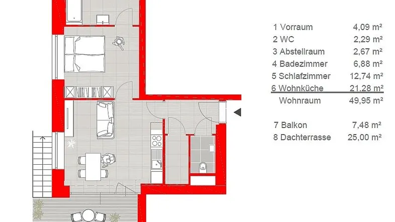 Grundriss einer modernen Wohnung mit offener Wohnküche, Schlafzimmer, Bad, WC, Balkon und Dachterrasse.