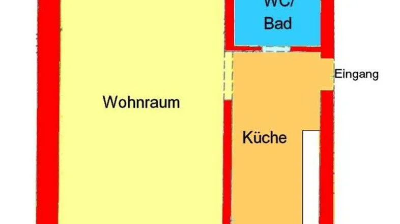 Grundriss mit Wohnraum, Küche und WC/Bad-Bereich.