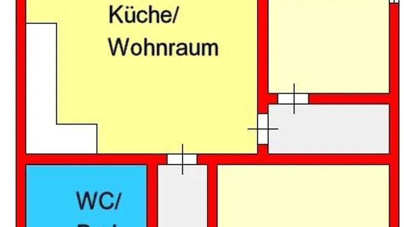 Übersichtlicher Grundrissplan einer Wohnung mit offener Küche/Wohnraum, zwei Zimmern und einem Bad.