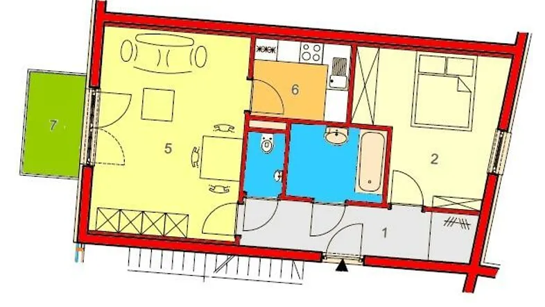 Detaillierter Grundriss der Wohnung mit Aufteilung in Wohn-, Schlaf- und Nassbereiche sowie Balkon.