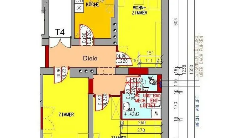 Grundriss einer Wohnung mit Wohnzimmer, Küche, zwei Zimmern, Bad und Diele.