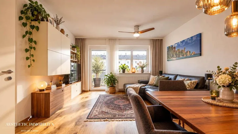 Helles Wohn- und Esszimmer mit Holzboden, moderner Einrichtung und Zugang zum Balkon.