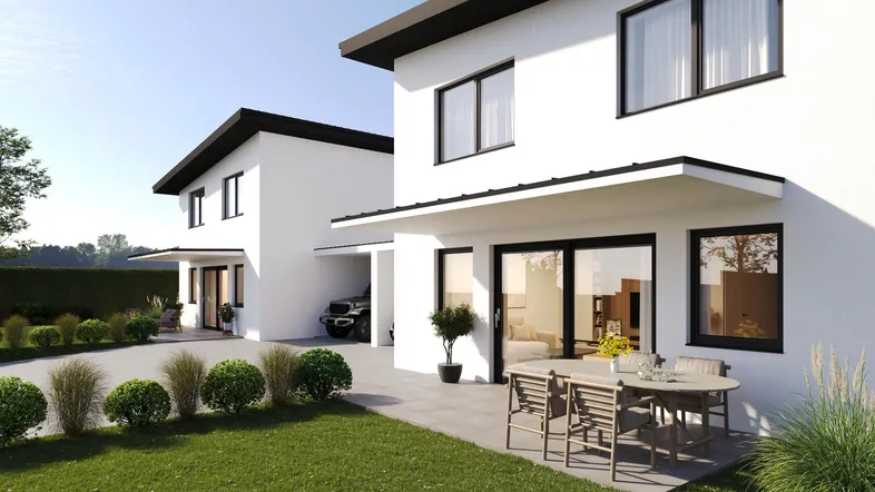 Moderne Doppelhaushälfte mit weißer Fassade, großer Terrasse und gepflegtem Gartenbereich.
