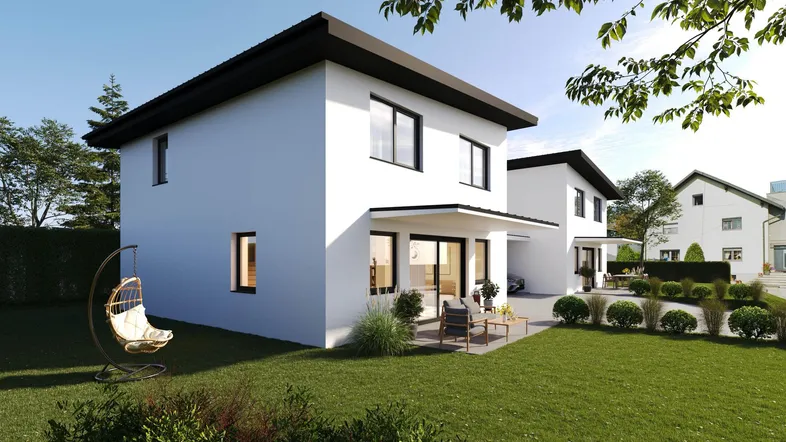 Moderne Doppelhaushälfte mit weißer Fassade, großem Garten und gemütlichem Hängesessel im Freien.