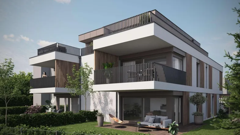 Moderne Wohnanlage mit Balkonen, Terrassen und Gartenbereichen in zeitgenössischem Design.