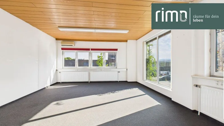 Geräumiger, leerer Büroraum mit Teppichboden, Holzdecke und großen Fenstern, die viel Tageslicht hereinlassen.