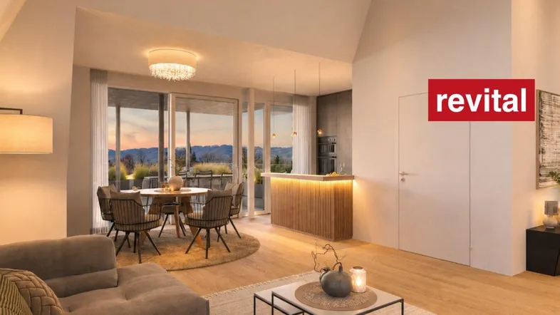 Modernes offenes Wohnzimmer mit Essbereich, integrierter Küche und Bergblick.