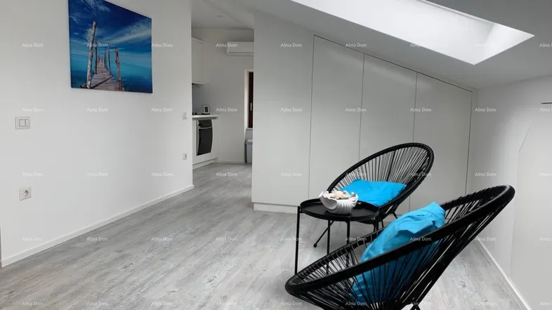 Helles Wohnzimmer im Dachgeschoss mit modernem Design, Dachfenster und Blick auf die offene Küche.