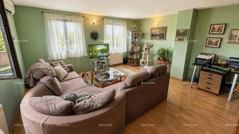 Gemütliches Wohnzimmer mit großem Sofa, Holzboden und hellgrünen Wänden, ideal zum Entspannen.