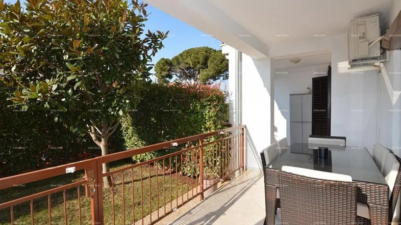 Sonnige Terrasse mit Outdoor-Esstisch und Blick auf den gepflegten Gartenbereich.