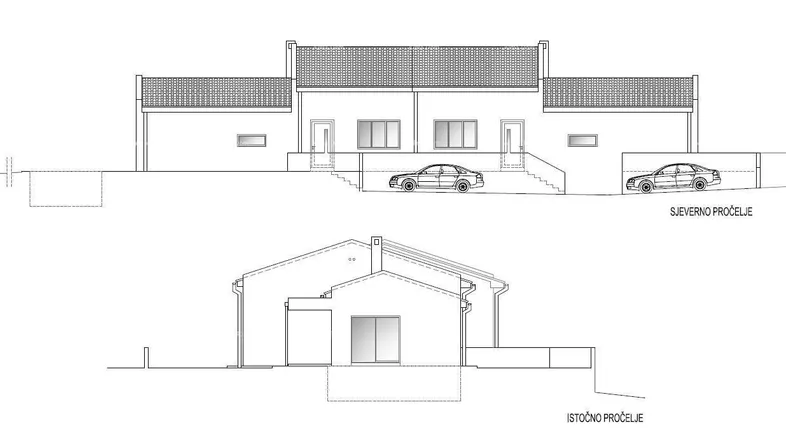 Architektonische Ansicht der Nordseite des Gebäudes mit Zufahrt und Parkplätzen.