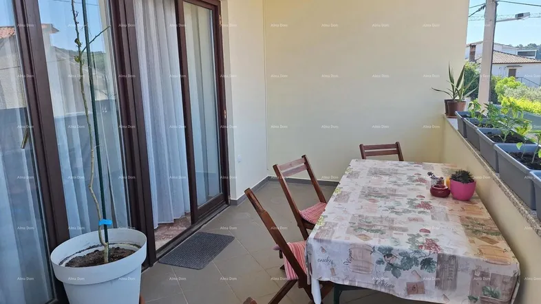 Möblierter Balkon mit Tisch und Stühlen, Topfpflanzen und Blick auf die Umgebung.