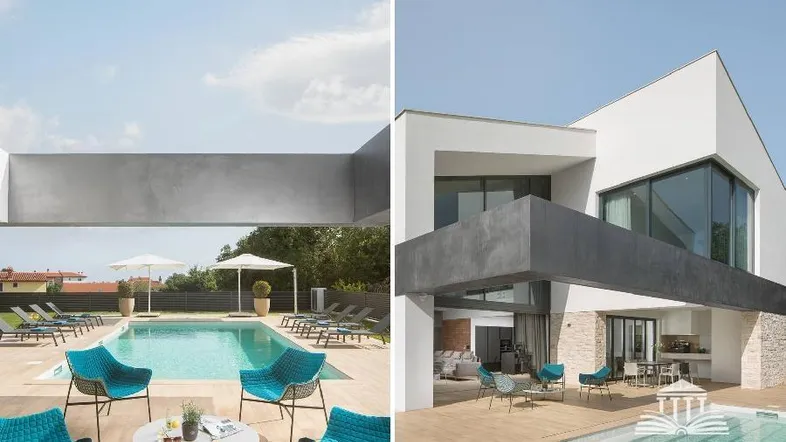 Moderne Villa mit großem Poolbereich, Sonnenliegen und stilvoller Outdoor-Lounge.