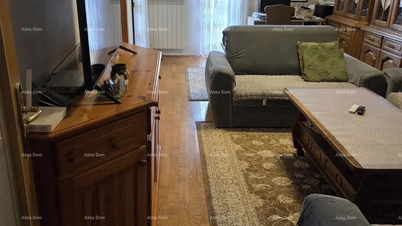 Gemütliches Wohnzimmer mit Holzboden, bequemen Sofas und einem Fernseher.