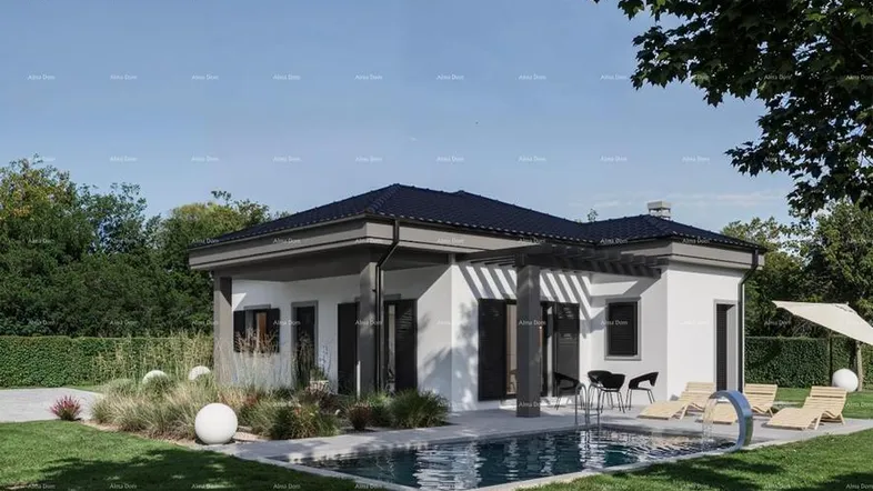 Visualisierung eines modernen Hauses mit Garten, Pool und Liegebereich unter blauem Himmel.