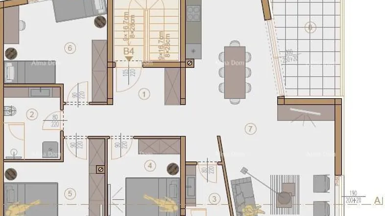 Grundriss der Wohnung B4 mit drei Schlafzimmern, offenem Wohnbereich und großer Terrasse.