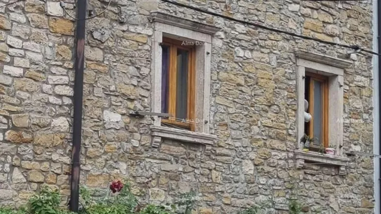 Steinfassade eines traditionellen Gebäudes mit Holztüren und Fenstern, umrankt von Pflanzen.