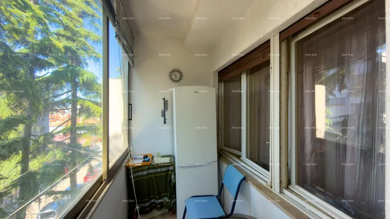 Verglaster Balkon mit Kühlschrank, Stuhl und Blick ins Grüne.