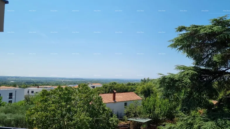 Weitläufiger Blick über die grüne Landschaft mit vereinzelten Häusern unter einem klaren blauen Himmel.