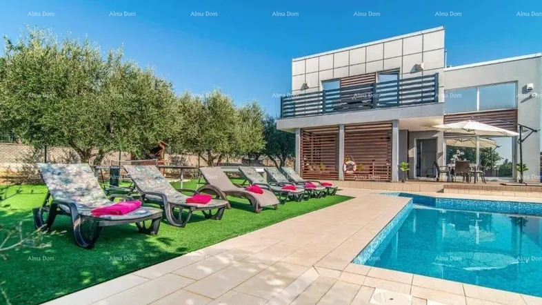 Moderne Villa mit großem Poolbereich, Liegestühlen auf Kunstrasen und Olivenbäumen im Garten.