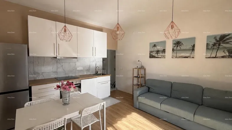 Heller offener Wohn- und Essbereich mit moderner Küche, Holzboden und gemütlichem Sofa.