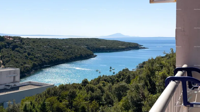 Panoramablick vom Balkon auf die glitzernde Bucht und die bewaldete Küstenlandschaft unter blauem Himmel.