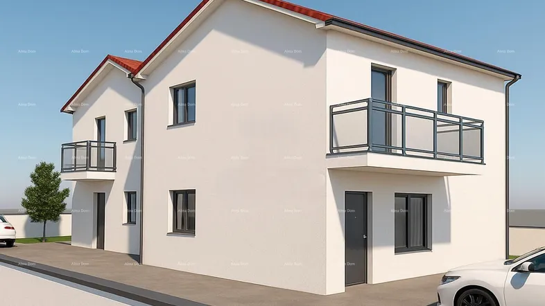Modernes weißes Doppelhaus mit roten Dächern, Balkonen und Stellplätzen im Freien.