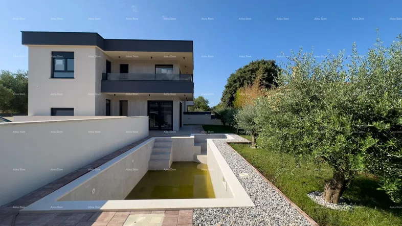 Moderne Villa mit Außenpool und gepflegtem Garten unter blauem Himmel.