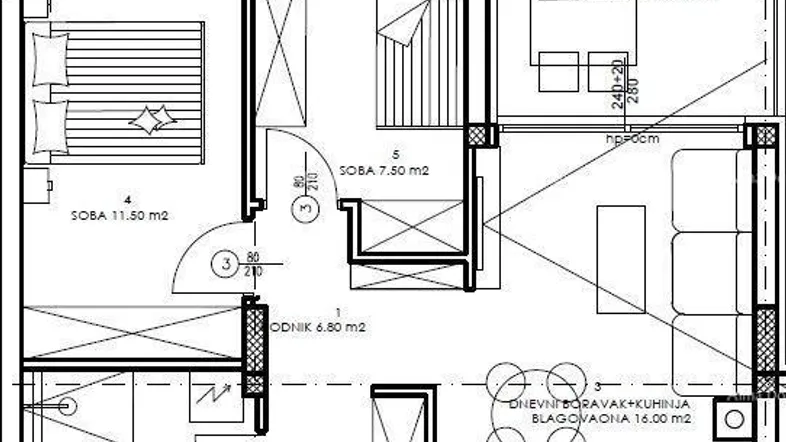 Grundrissplan einer Wohnung mit offenem Wohnbereich, zwei Schlafzimmern, Bad und überdachter Terrasse.