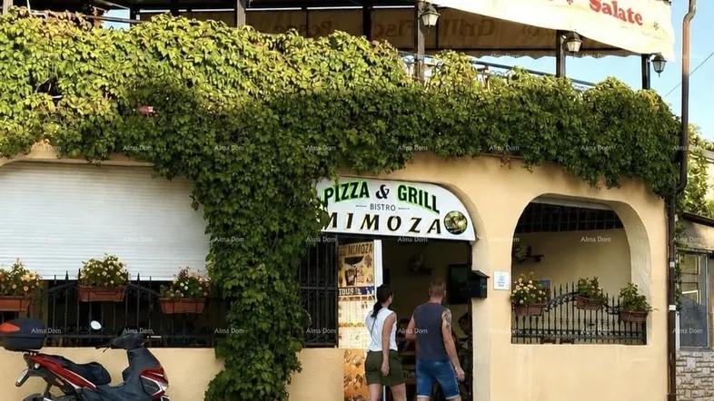 Außenansicht eines Restaurants mit Kletterpflanzen und Beschilderung für Pizza und Grill.