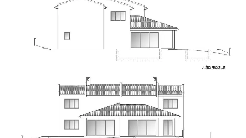 Architektonische Zeichnung der Südfassade und Ostfassade des Gebäudes mit Dachdetails und großen Fenstern.